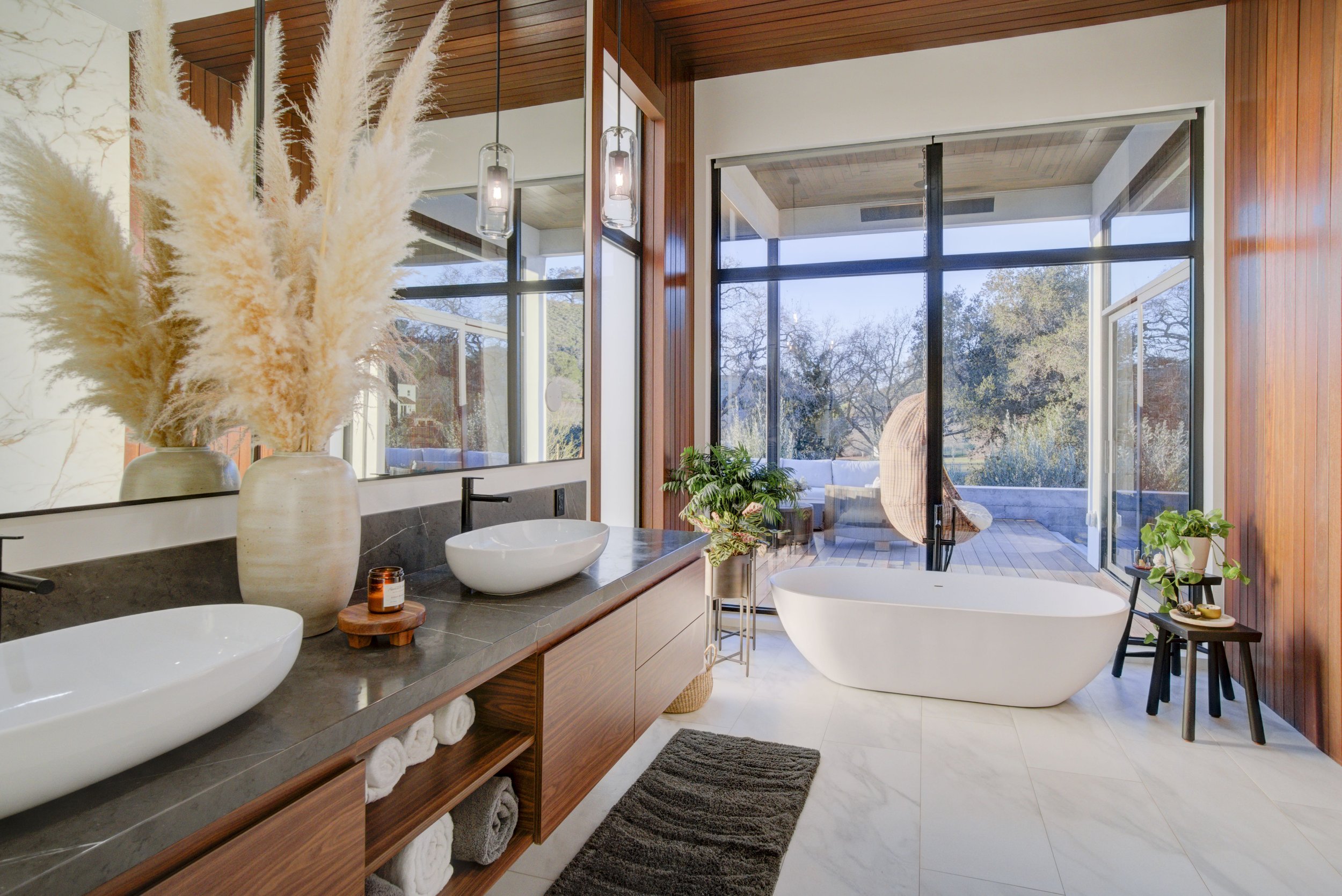 Sandy Court — great room interior, walnut millwork and stone